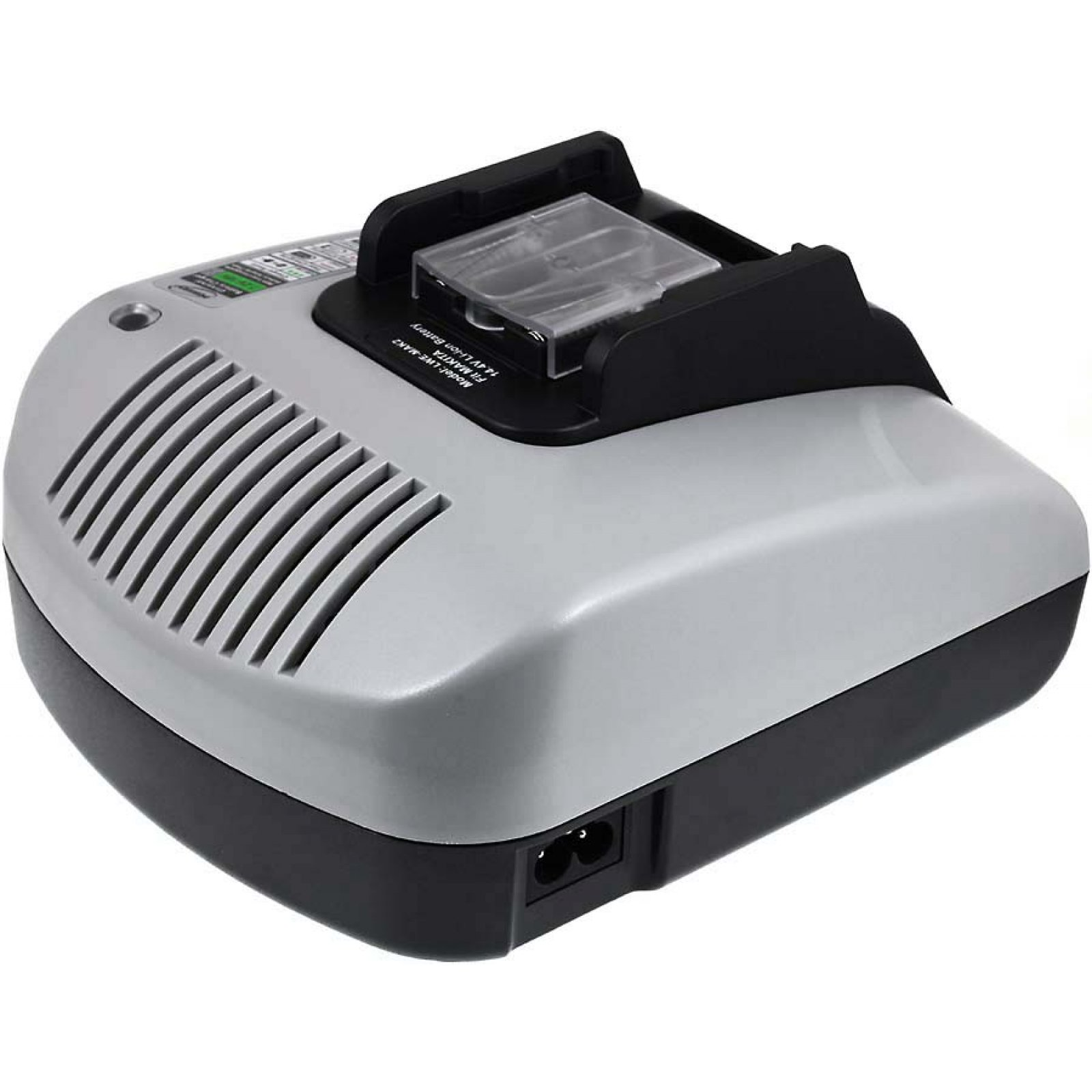 Cargador de batería gris con rejillas de ventilación. Tiene una ranura para insertar baterías.