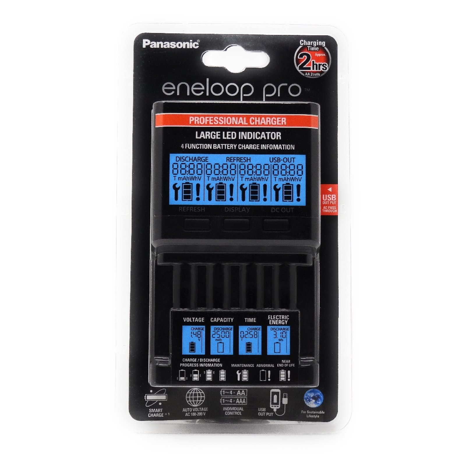Cargador de batería Panasonic eneloop pro con un gran indicador LED. Incluye un puerto USB y muestra información de la batería.