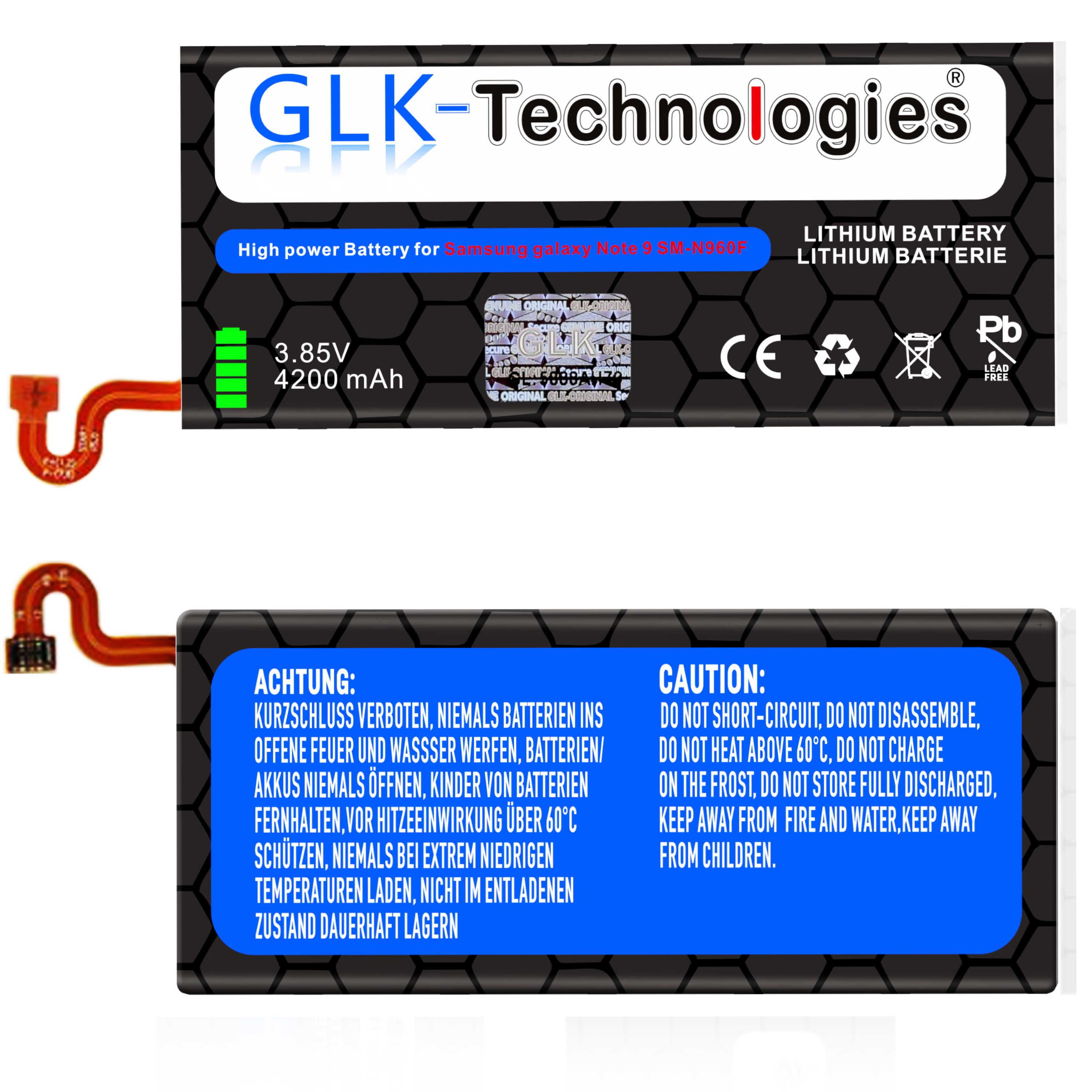 Zwei rechteckige Batterien mit Informationen, eine zeigt 3,85 V 4200 mAh, und die andere hat eine Warnung.