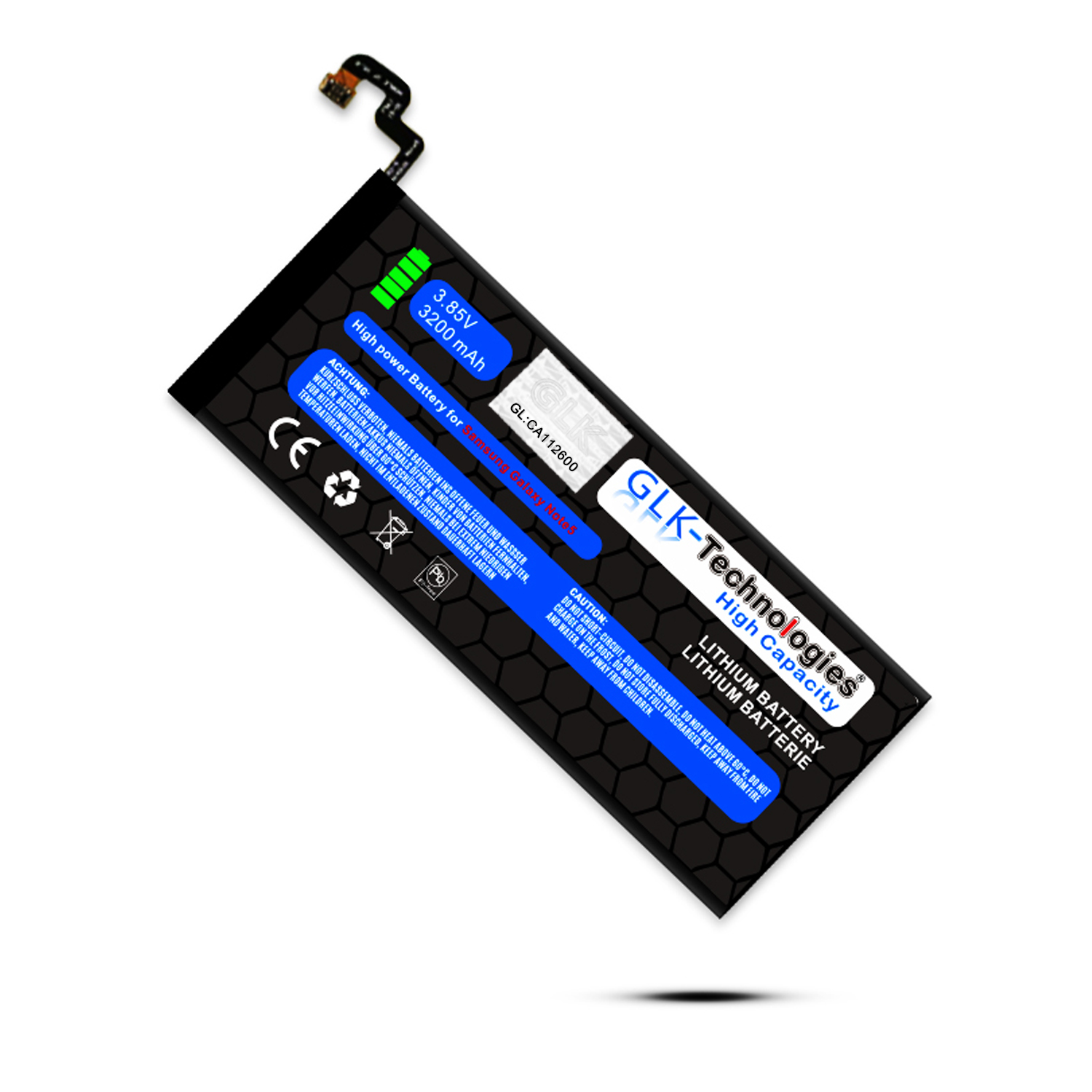 Schräge Ansicht einer Batterie, mit Text und Grafiken, schwarzer Hintergrund.