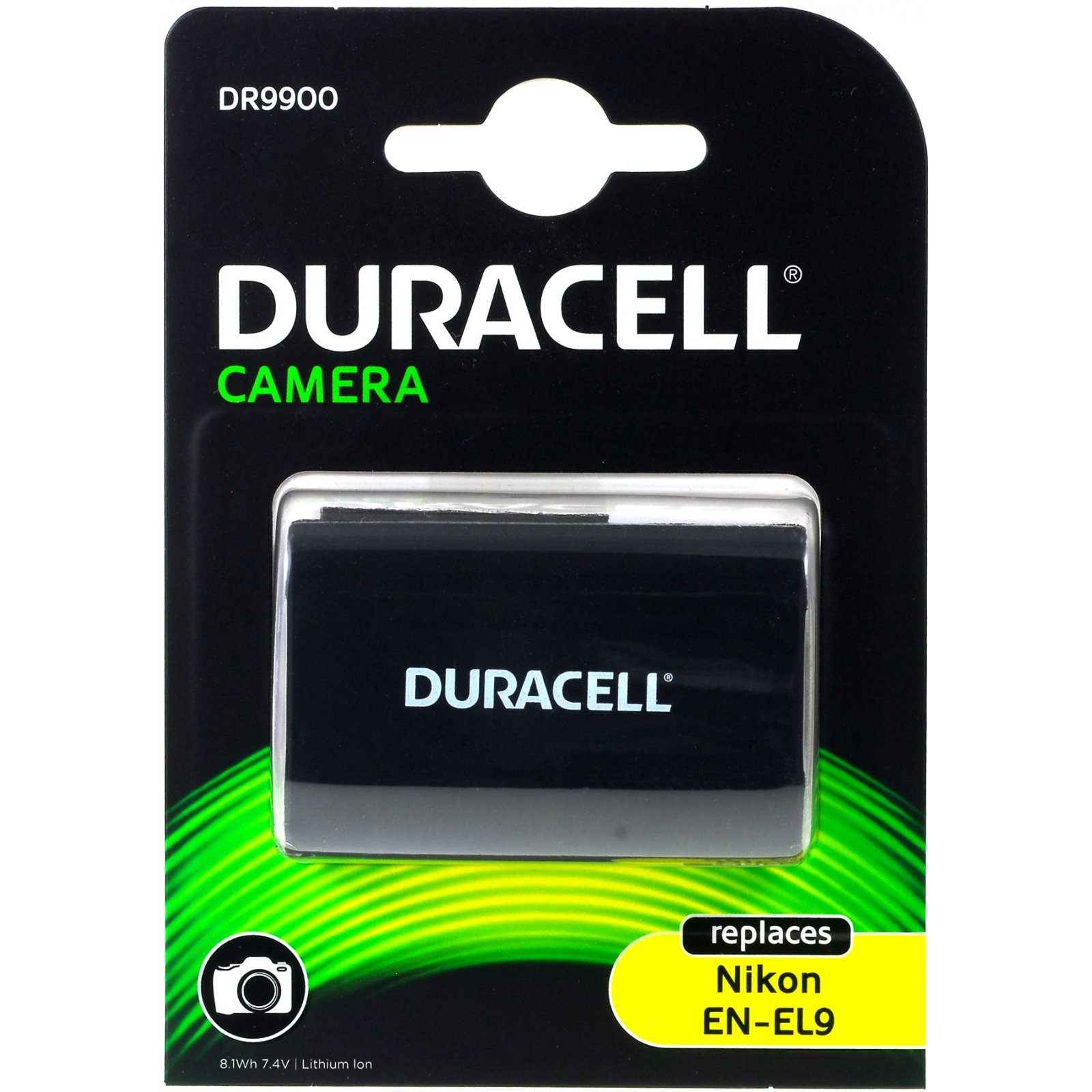 Un paquete de baterías para cámara Duracell en un paquete negro y verde con el logotipo de 'Duracell'.