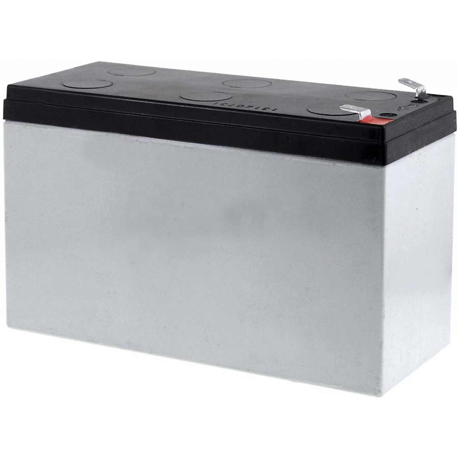 Batería rectangular, gris y negra con parte superior negra. Está sobre un fondo blanco.