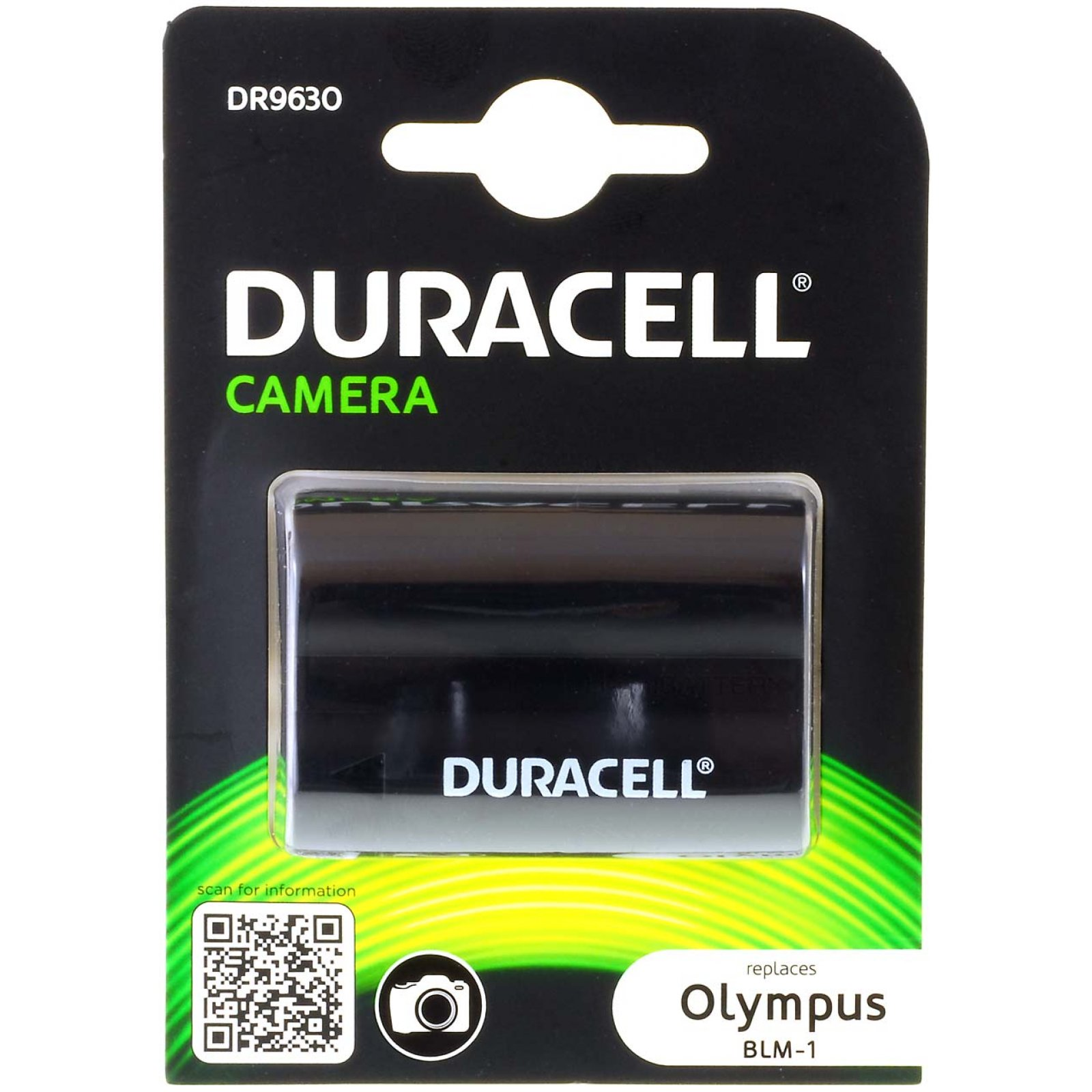 Paquete de baterías Duracell para cámara en un paquete negro y verde con un código QR.