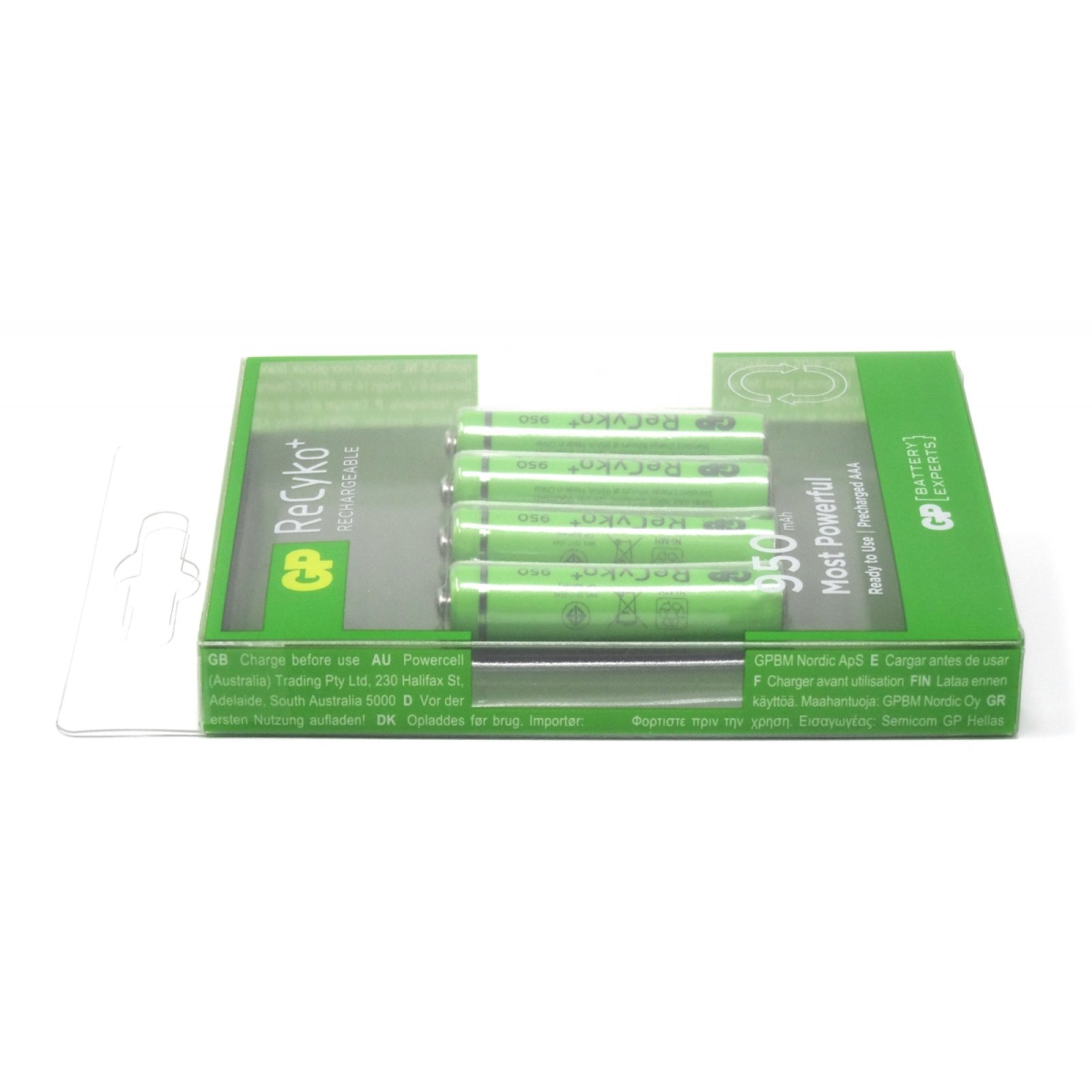 Paquete de pilas recargables. Embalaje verde y blanco con detalles del producto.