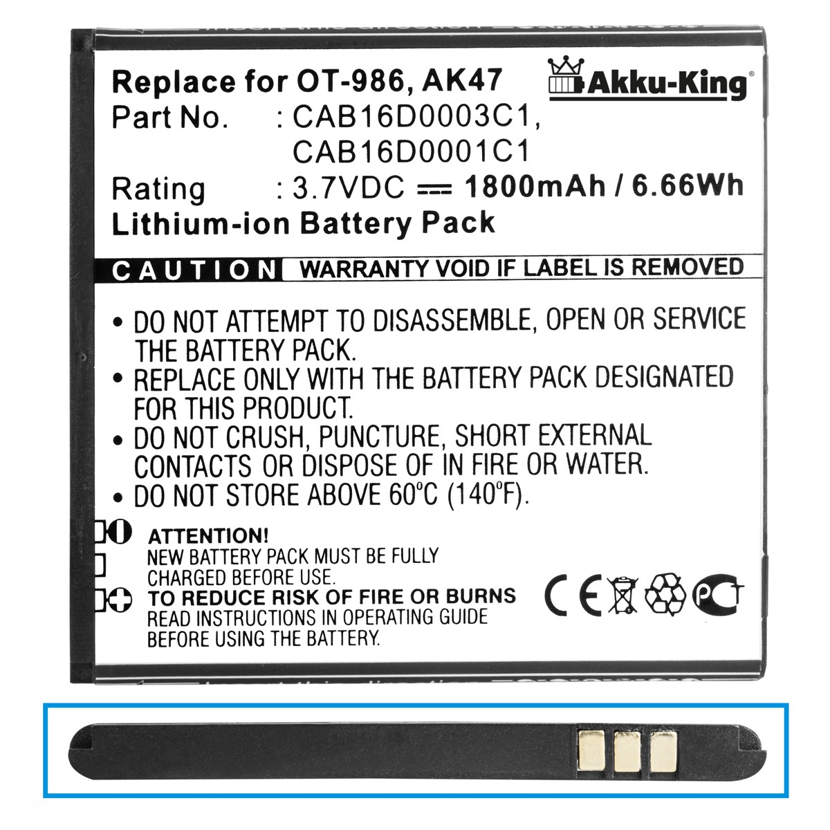 AKKU-KING Akku für Alcatel Volt, 1800mAh 3.7 Li-Ion CAB16D0001C1 Handy-Akku