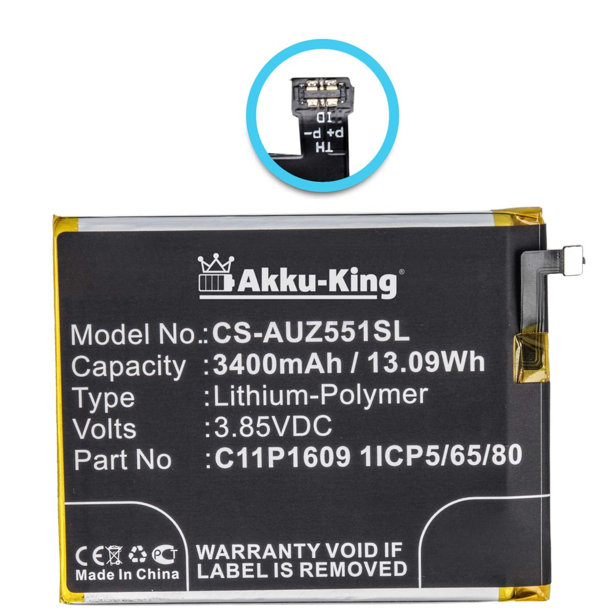 AKKU-KING Akku für Asus C11P1609 3.85 Li-Polymer 3400mAh Handy-Akku, Volt