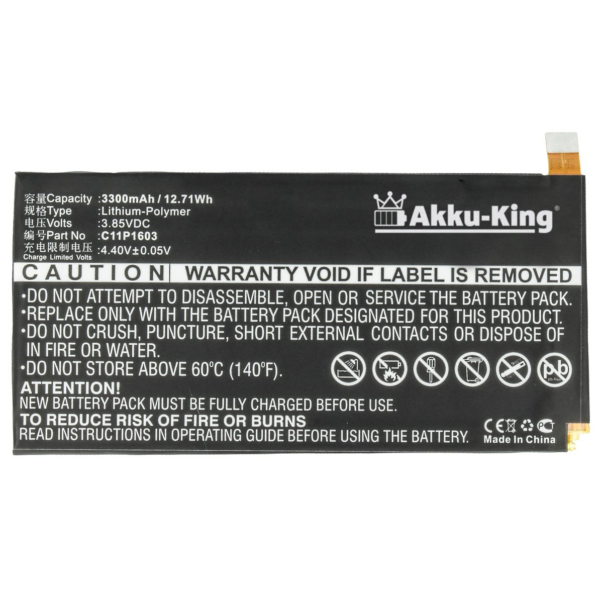 Handy-Akku, 3300mAh Li-Polymer 3.85 für C11P1603 Asus AKKU-KING Akku Volt,