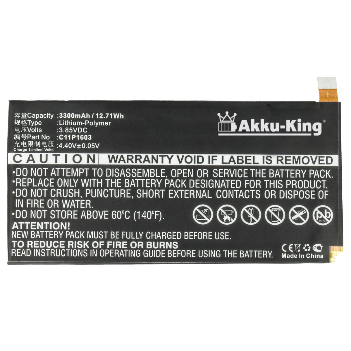 Handy-Akku, für Akku Volt, Asus C11P1603 3300mAh AKKU-KING 3.85 Li-Polymer