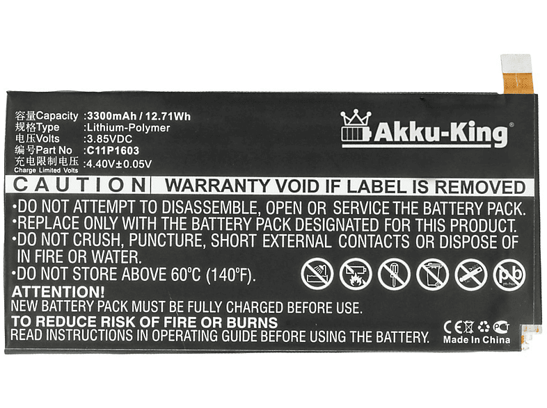 AKKU-KING Akku für Asus C11P1603 Li-Polymer Handy-Akku, 3.85 Volt, 3300mAh