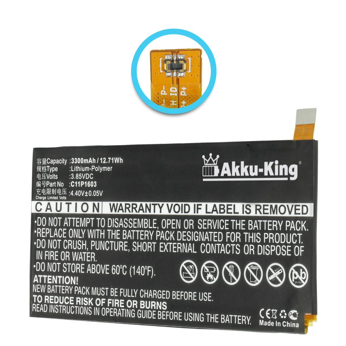 Handy-Akku, für Akku Volt, Asus C11P1603 3300mAh AKKU-KING 3.85 Li-Polymer