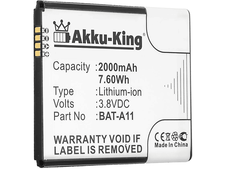 2000mAh 3.8 Volt, Akku Li-Ion AKKU-KING für BAT-A11 Handy-Akku, Acer