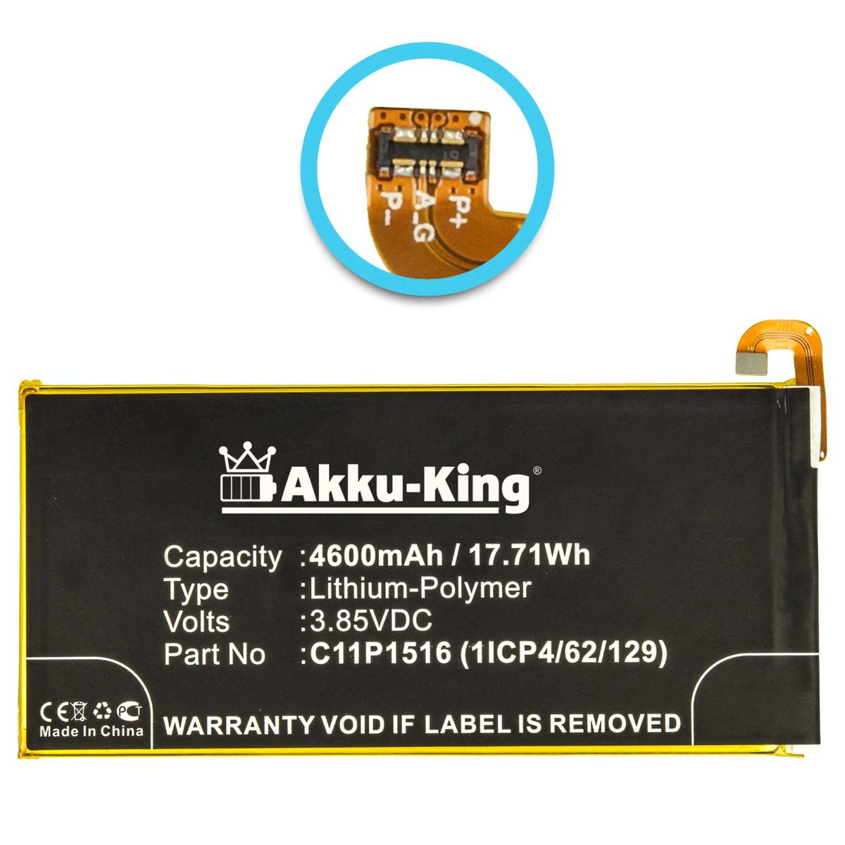 AKKU-KING Akku für Asus Handy-Akku, Volt, C11P1516 Li-Polymer 4600mAh 3.85