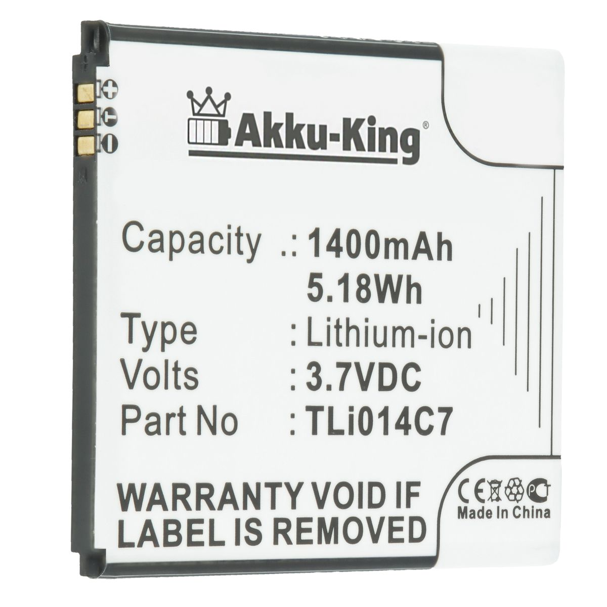 AKKU-KING Akku für 1400mAh TLi014C7 Volt, Li-Ion 3.7 Alcatel Handy-Akku