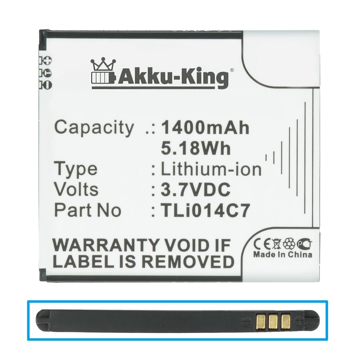 AKKU-KING Akku für 1400mAh TLi014C7 Li-Ion 3.7 Handy-Akku, Alcatel Volt