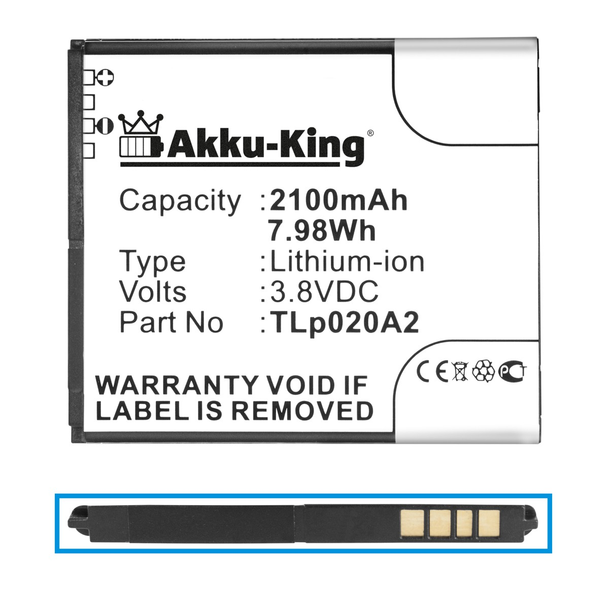 2100mAh Tli020A1 Li-Ion für Alcatel Handy-Akku, Volt, Akku 3.8 AKKU-KING