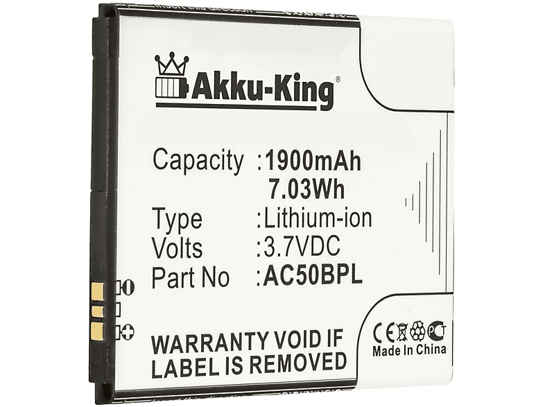 Batería AC50BPL Para ARCHOS 50B Platinum Li-ion, 3,7V, 1900mAh, 7,0Wh