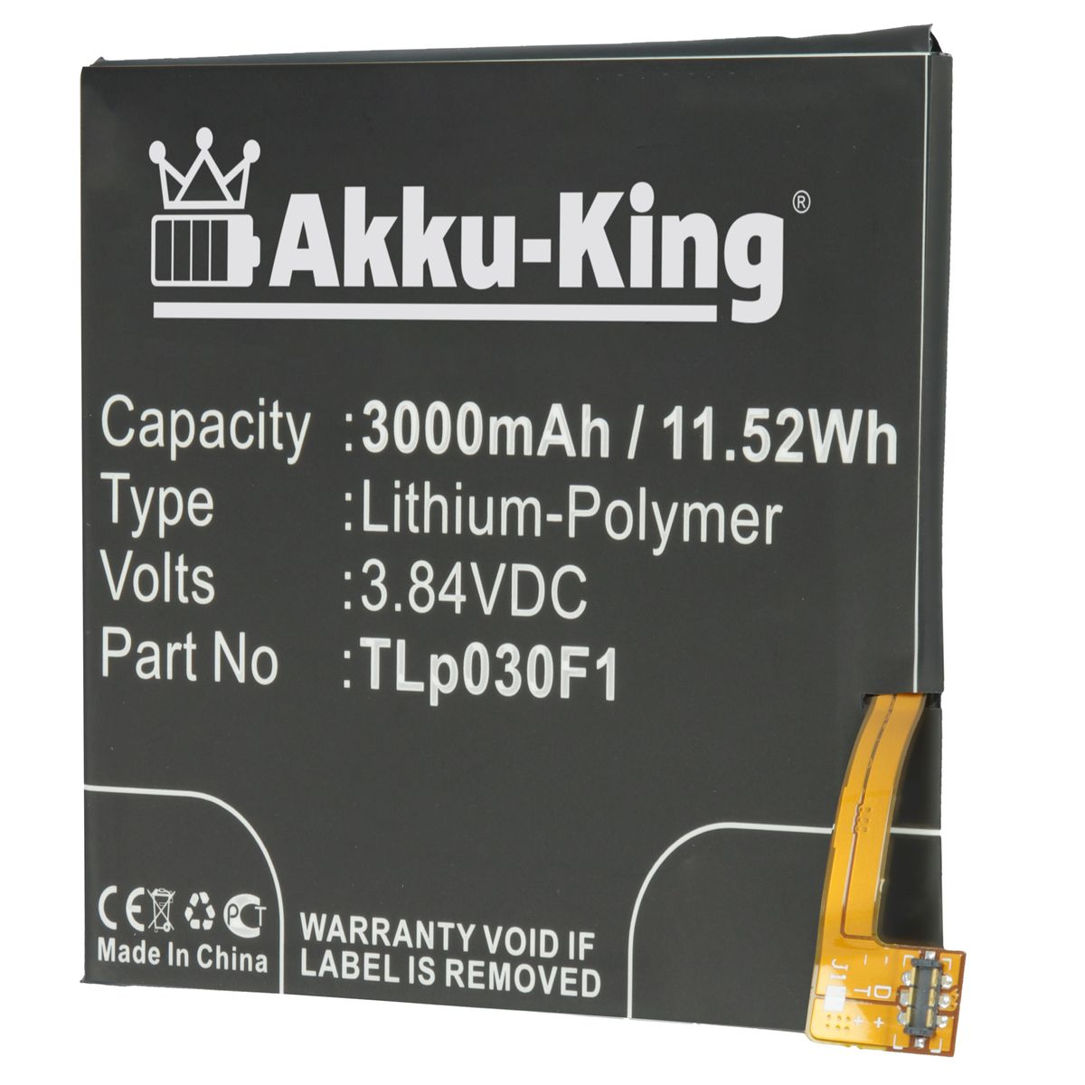 AKKU-KING Akku Alcatel Tlp030F1 für 3.84 Volt, 3000mAh Handy-Akku, Li-Polymer