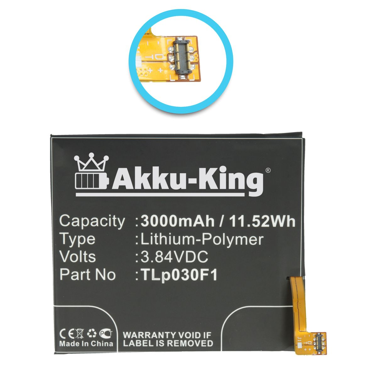 3.84 Handy-Akku, AKKU-KING Li-Polymer für Volt, 3000mAh Alcatel Tlp030F1 Akku
