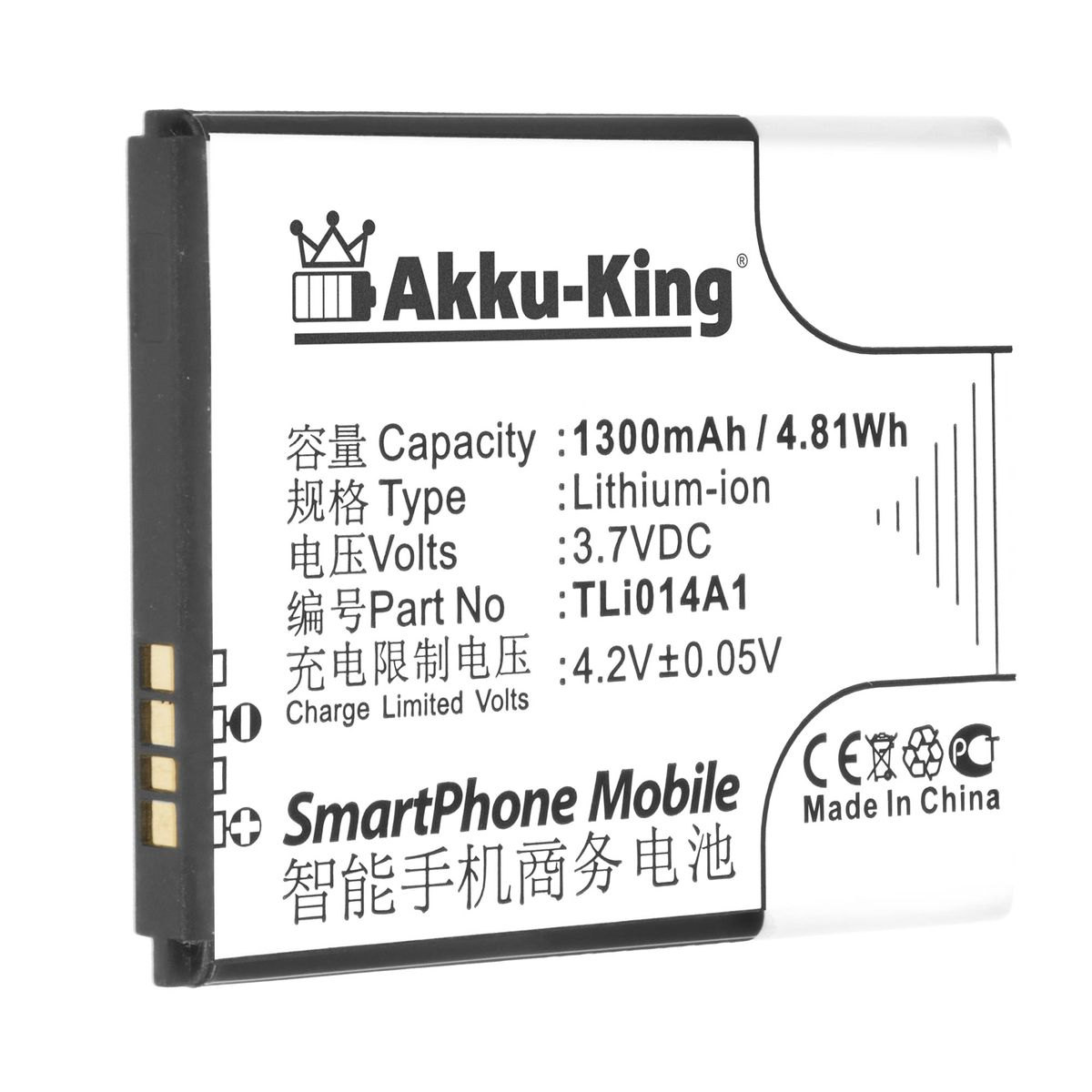 AKKU-KING Akku für Alcatet Tli014A1 Li-Ion 1300mAh Volt, Handy-Akku, 3.7