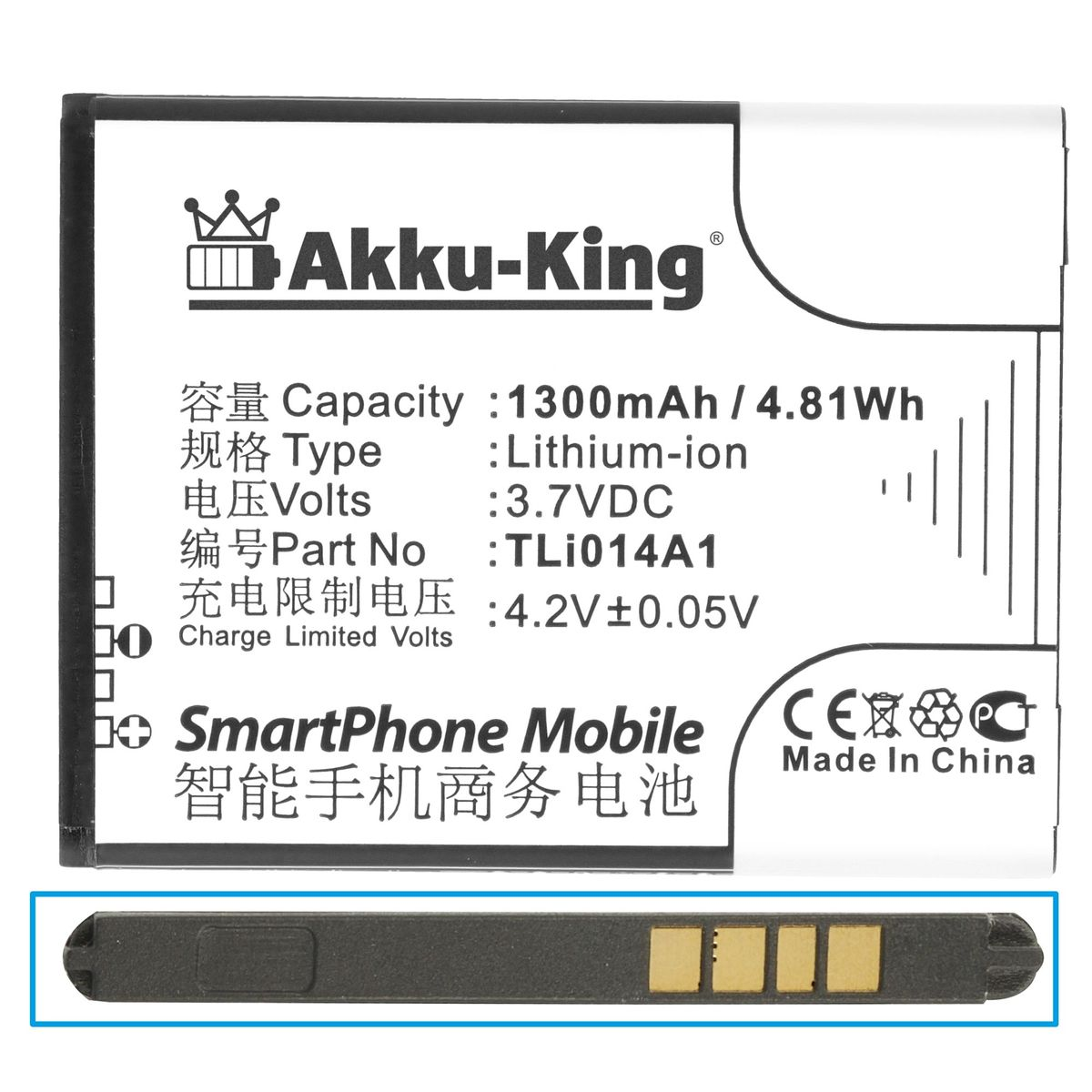 AKKU-KING Akku für Alcatet Tli014A1 Li-Ion 1300mAh Volt, Handy-Akku, 3.7