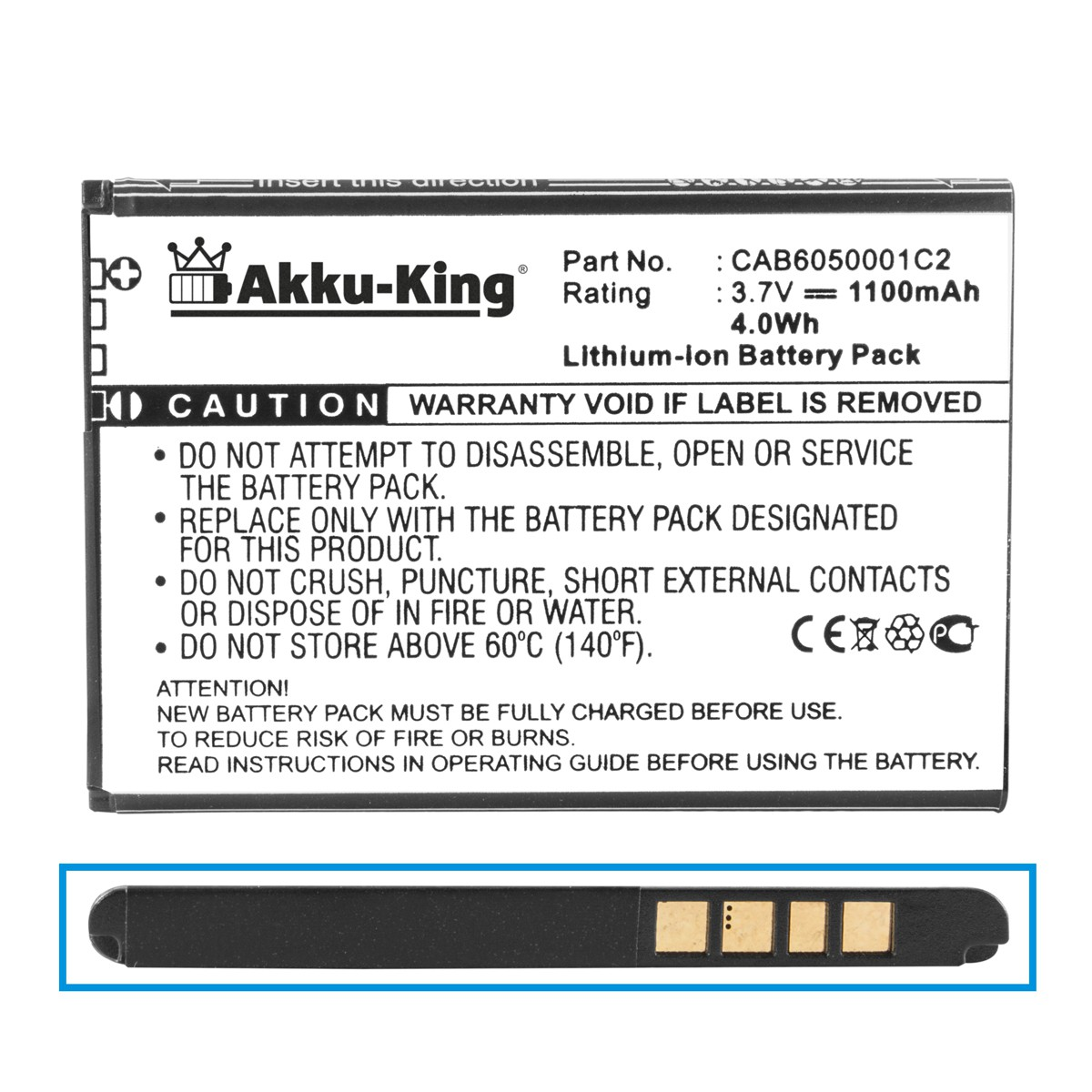 AKKU-KING Akku CAB6050001C2 Handy-Akku, für Volt, Li-Ion 3.7 1100mAh Alcatel