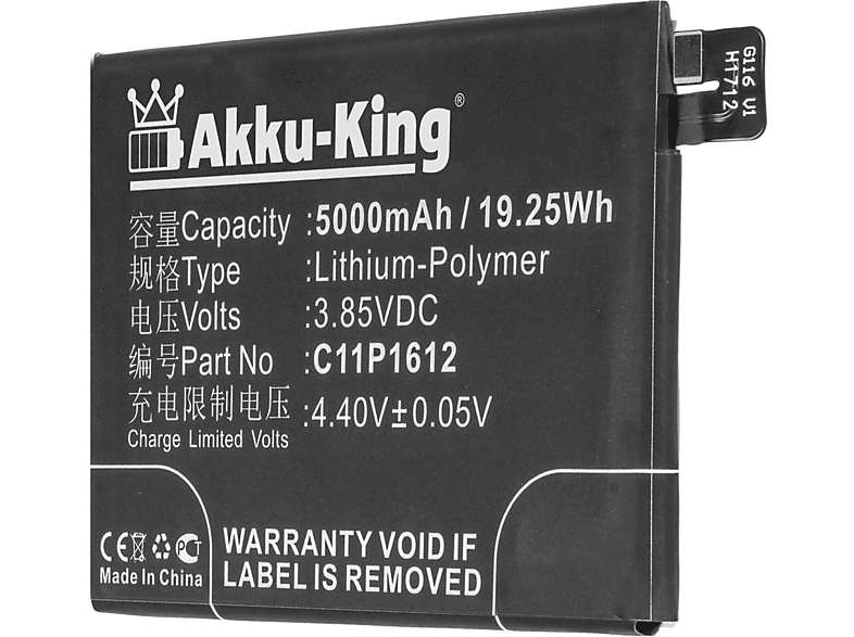AKKU-KING Akku für Asus C11P1612 Li-Polymer Handy-Akku, 3.85 Volt, 5000mAh