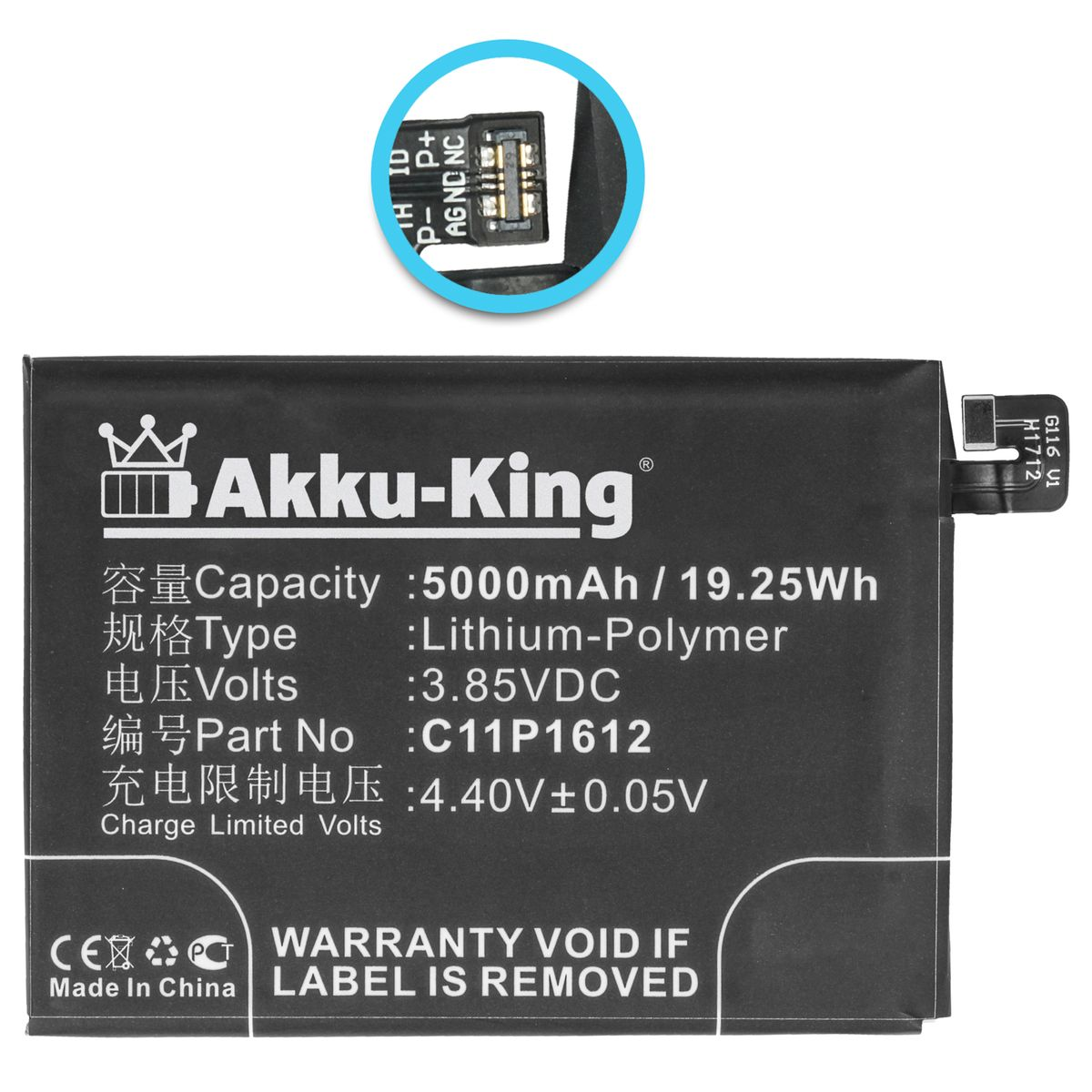 AKKU-KING Akku für Asus C11P1612 Handy-Akku, 5000mAh Li-Polymer 3.85 Volt