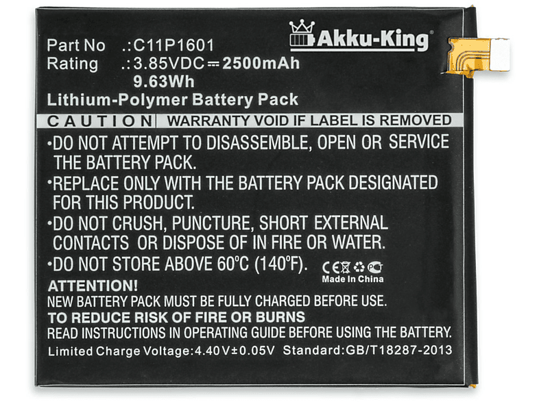 AKKU-KING Akku für Asus C11P1601 Li-Polymer Handy-Akku, 3.8 Volt, 2500mAh