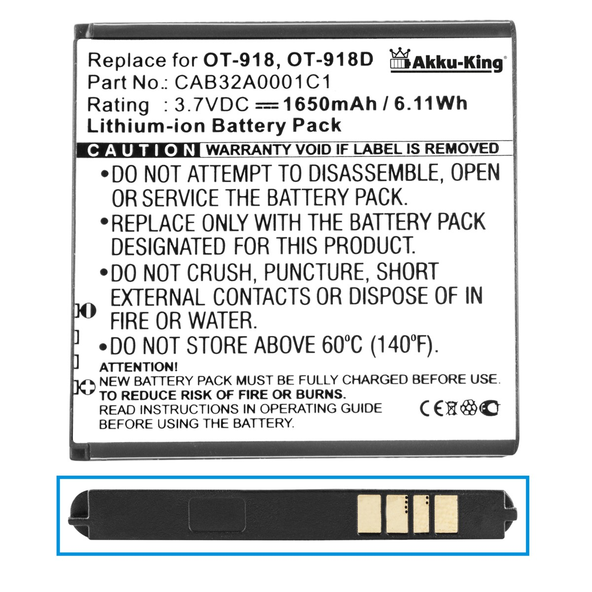 AKKU-KING Akku für Alcatel CAB32A0001C1 Li-Ion Volt, Handy-Akku, 3.6 1650mAh