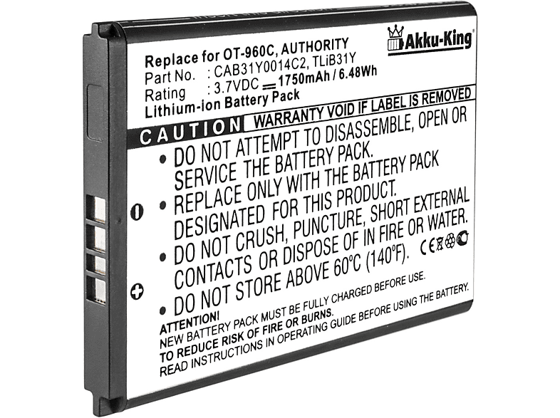 AKKU-KING Handy-Akku, 1750mAh für 3.7 Volt, Li-Ion Alcatel TLiB31Y Akku