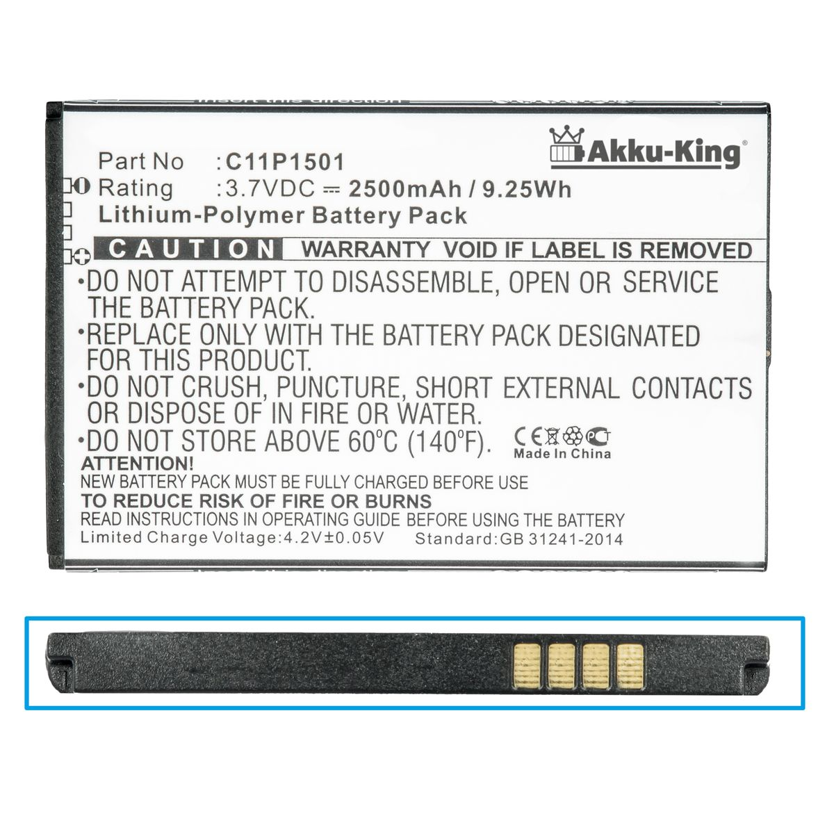 AKKU-KING Akku für Asus C11P1501 Handy-Akku, 3.7 Li-Polymer Volt, 2500mAh