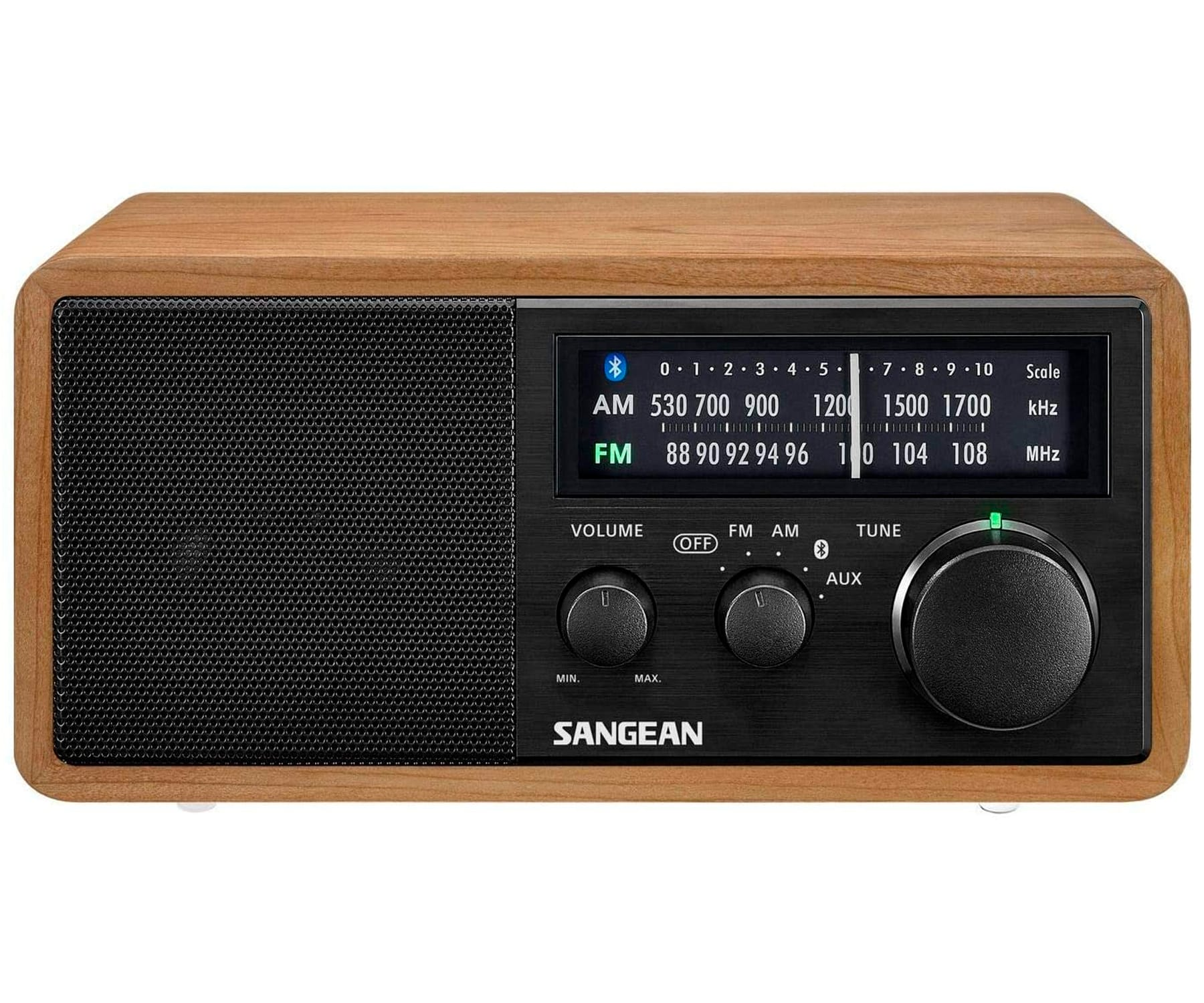 Holzradio mit Digitalanzeige, schwarzem Lautsprecher und Bedienknöpfen.