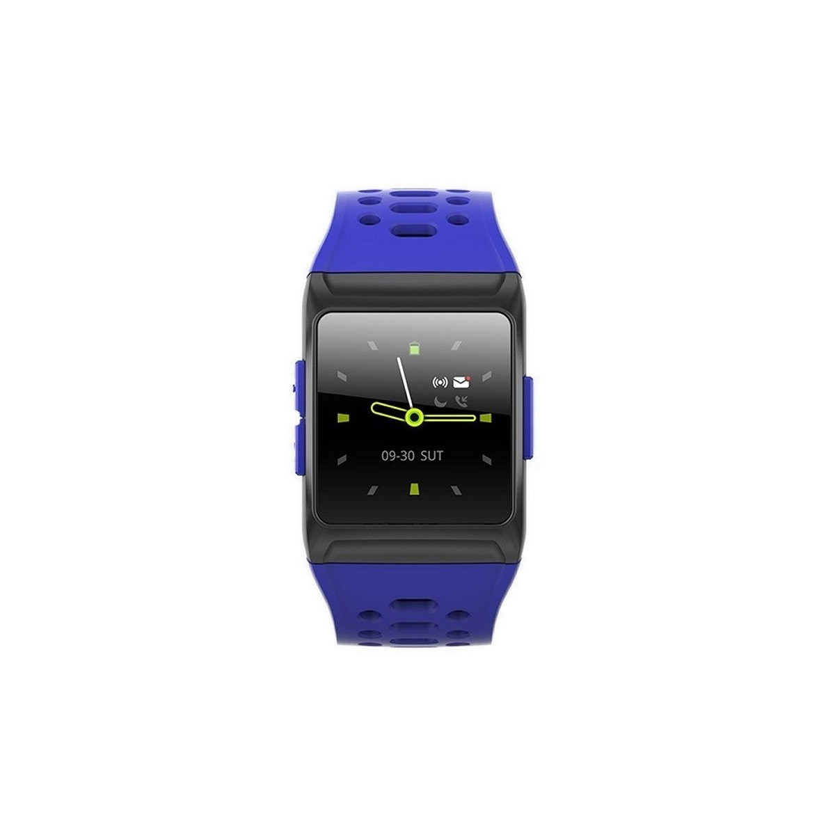 Smartwatch con banda azul y pantalla negra. Muestra la hora.