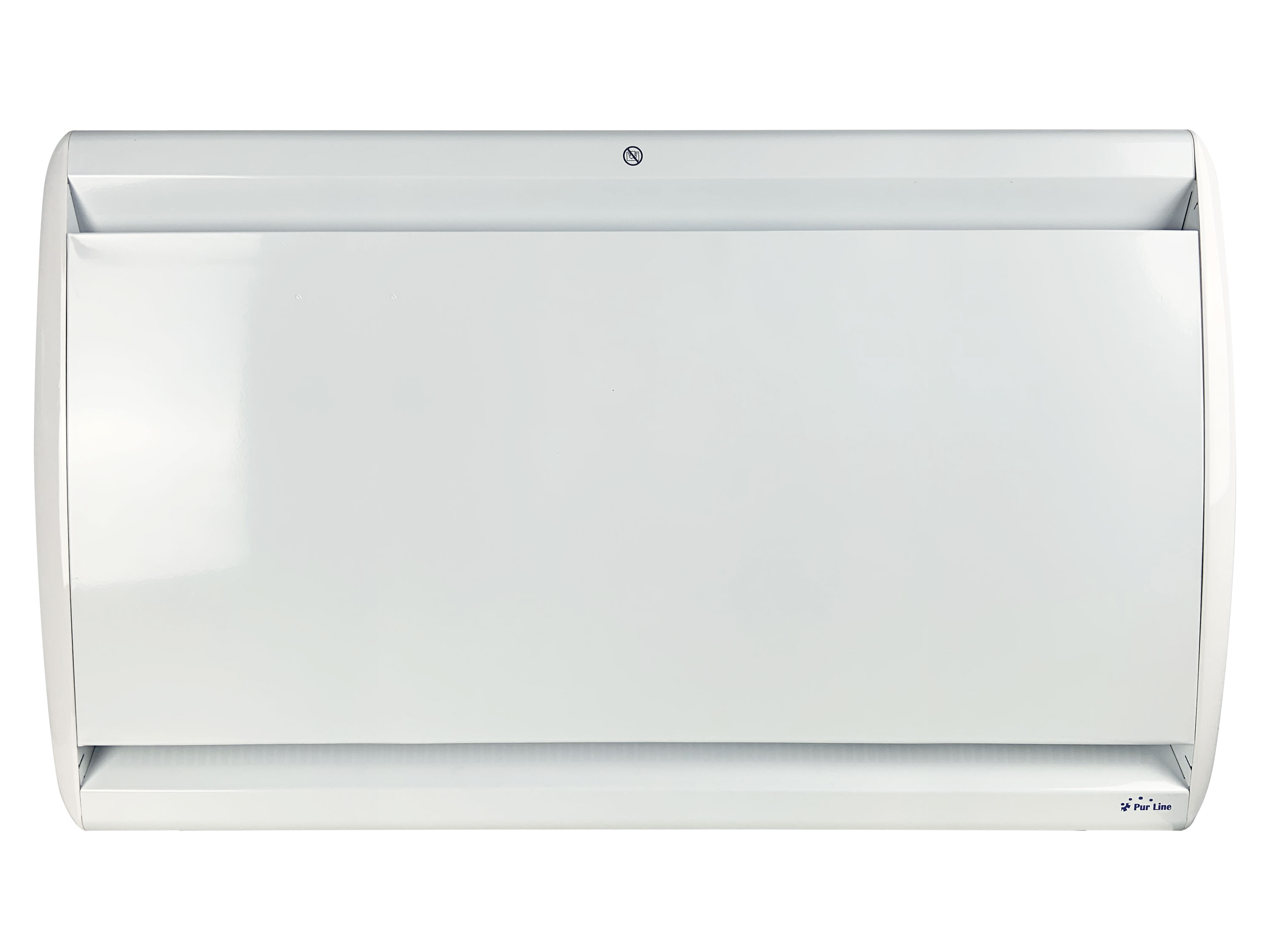 Calentador eléctrico blanco montado en la pared. Es rectangular con la parte superior e inferior redondeadas.