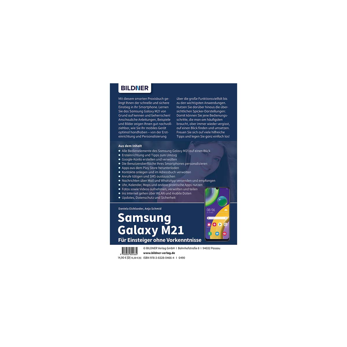 Buchcover: Samsung Galaxy M21 für Anfänger. Weißer Hintergrund, mit Telefon und Text.