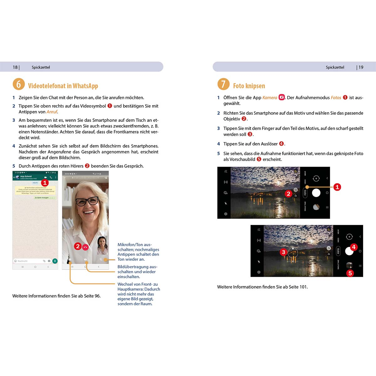 Zwei Seiten aus einer deutschen Zeitschrift mit Videoanruf- und Fotoanweisungen.