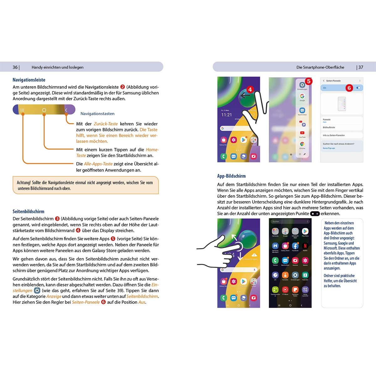 Eine Doppelseite aus einem deutschen Handbuch, die App-Symbole und Telefoneinstellungen zeigt.