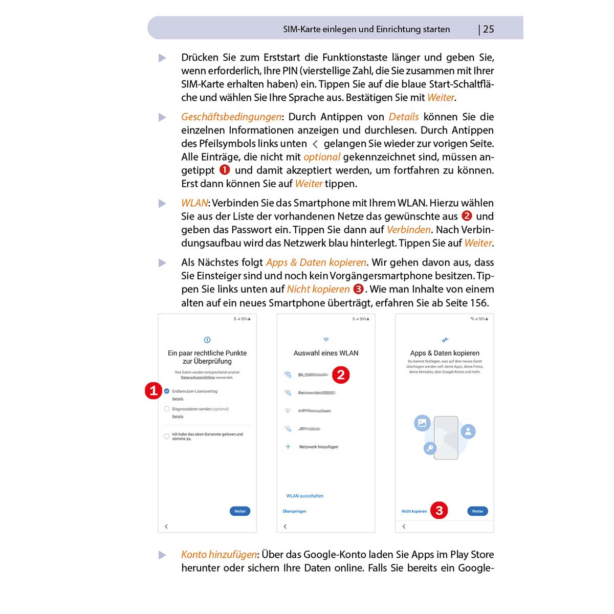 Eine Seite aus einem Handbuch mit 3 Beispielbildschirmen und Text. Die Bildschirme zeigen Schritte zur Einrichtung eines Geräts.
