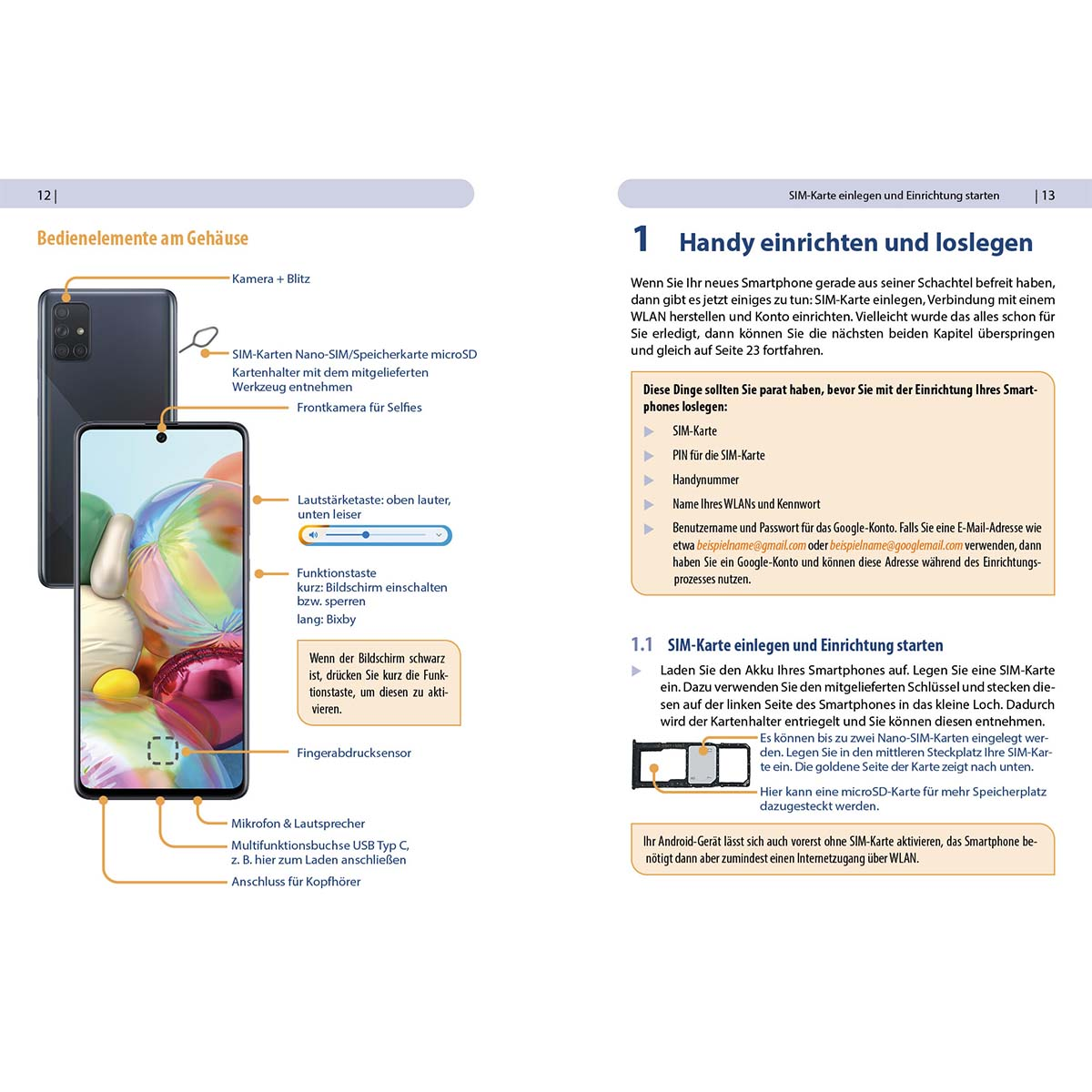 Seiten aus einem Handbuch, mit einem Telefon links und einer Beschreibung rechts.