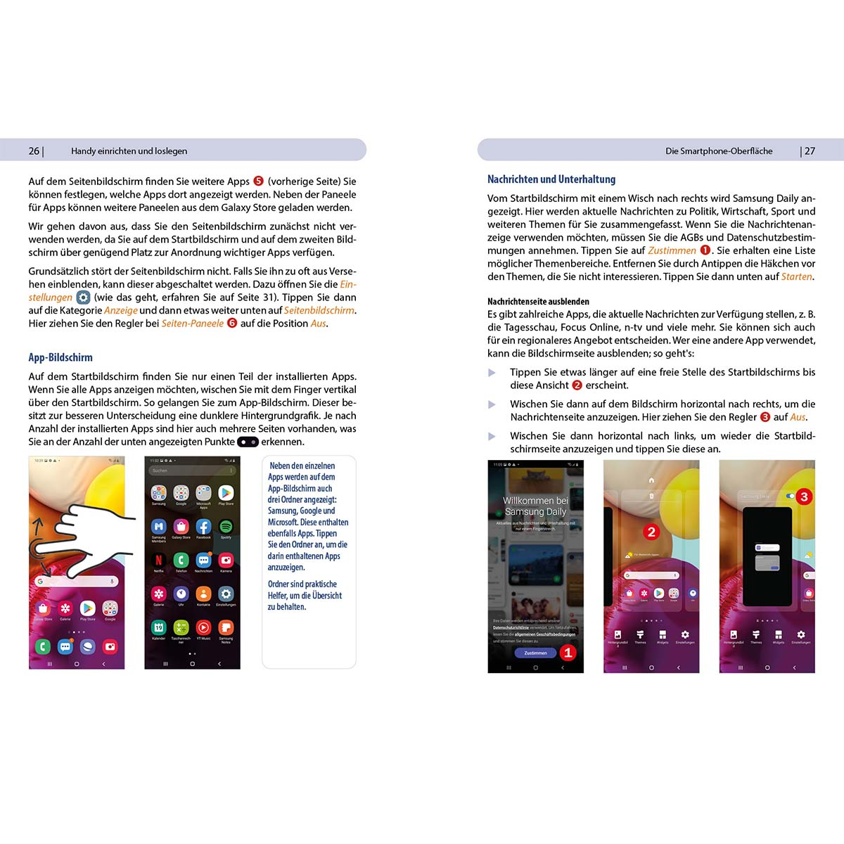 Buchseiten über Smartphones mit Screenshots und Diagrammen.