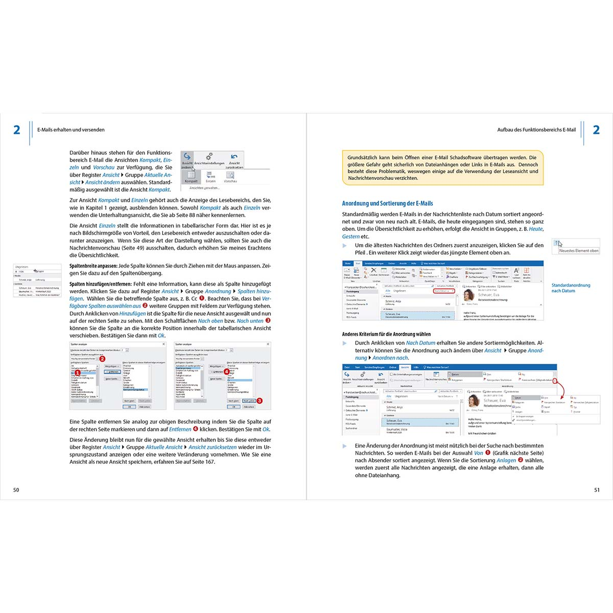 Eine Seite aus einer Zeitschrift. Es zeigt Screenshots und Texte zu E-Mail-Funktionen und E-Mail-Sortierung.