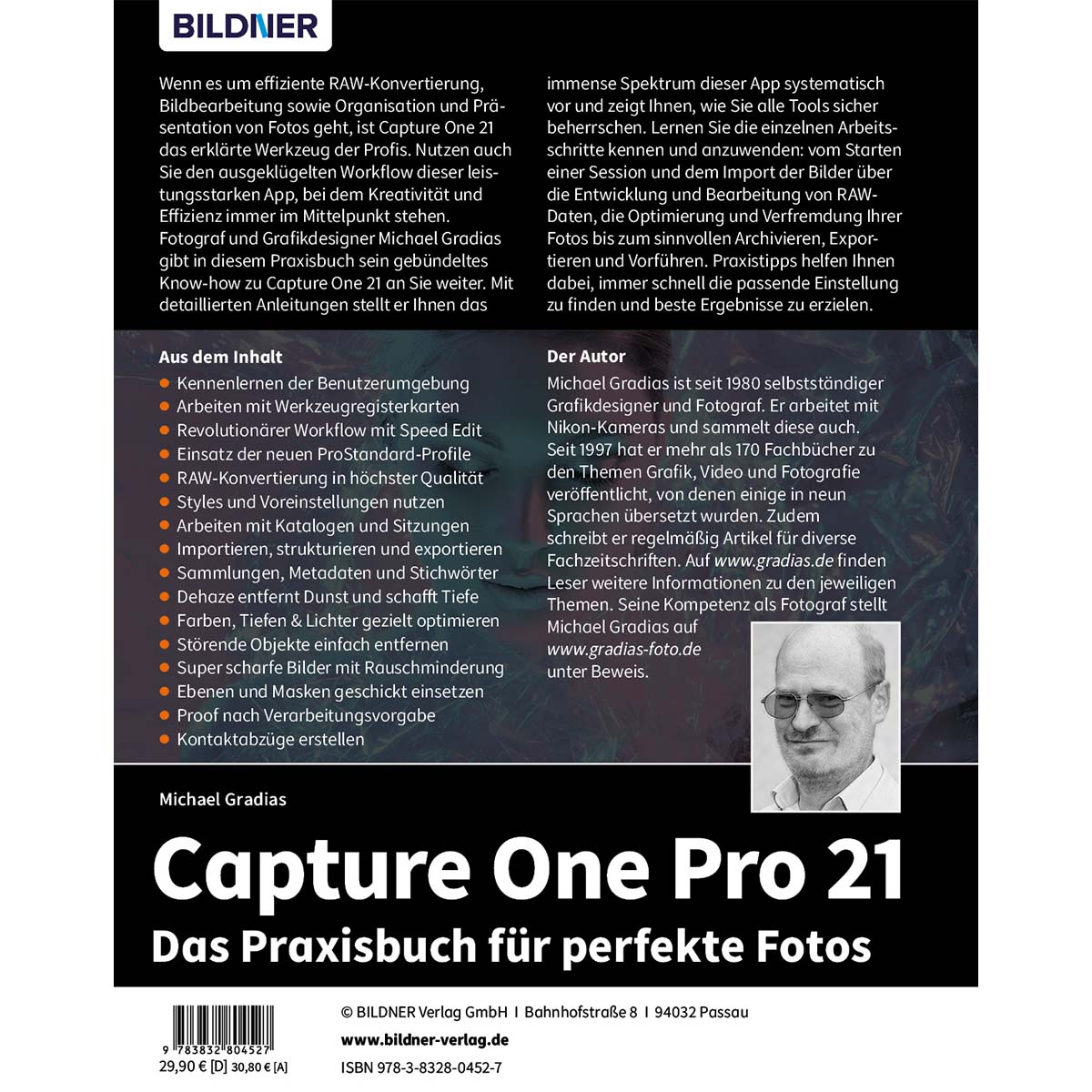 Buchcover mit Text, einem Foto eines Mannes und einem Logo.