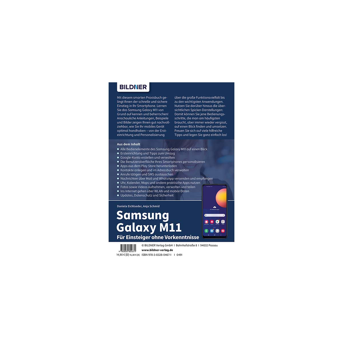 Buchcover für Samsung Galaxy M11. Zeigt das Telefon mit Text über die Funktionen und Fähigkeiten des Telefons.