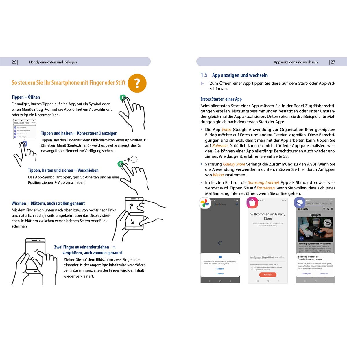 Seite eines Handbuchs mit Diagrammen, die Handgesten auf weißem Hintergrund zeigen.