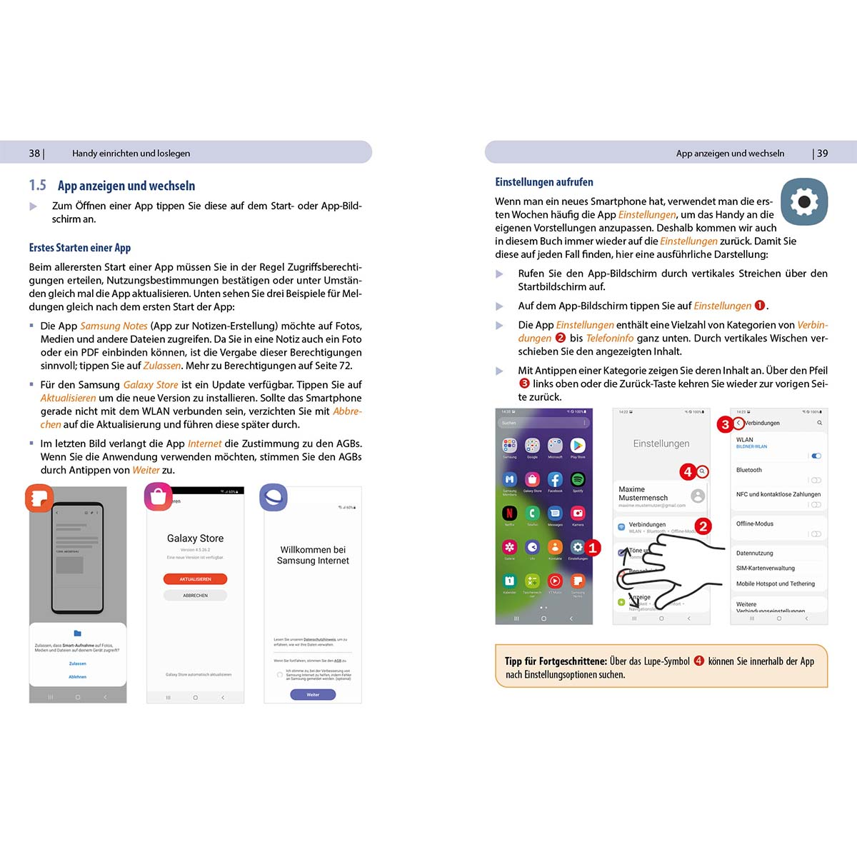 Doppelseite aus einem Handbuch. Zeigt Screenshots und ein Telefon mit Symbolen.