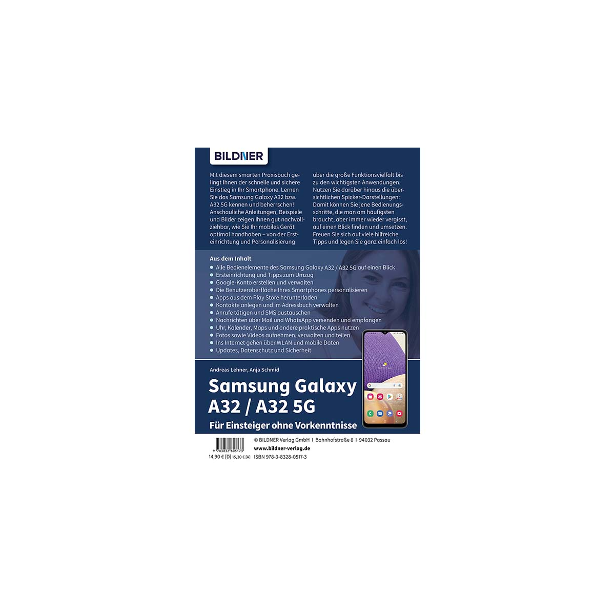 Buchcover mit Samsung Galaxy A32/A32 5G. Lila Telefon auf weißem Hintergrund.