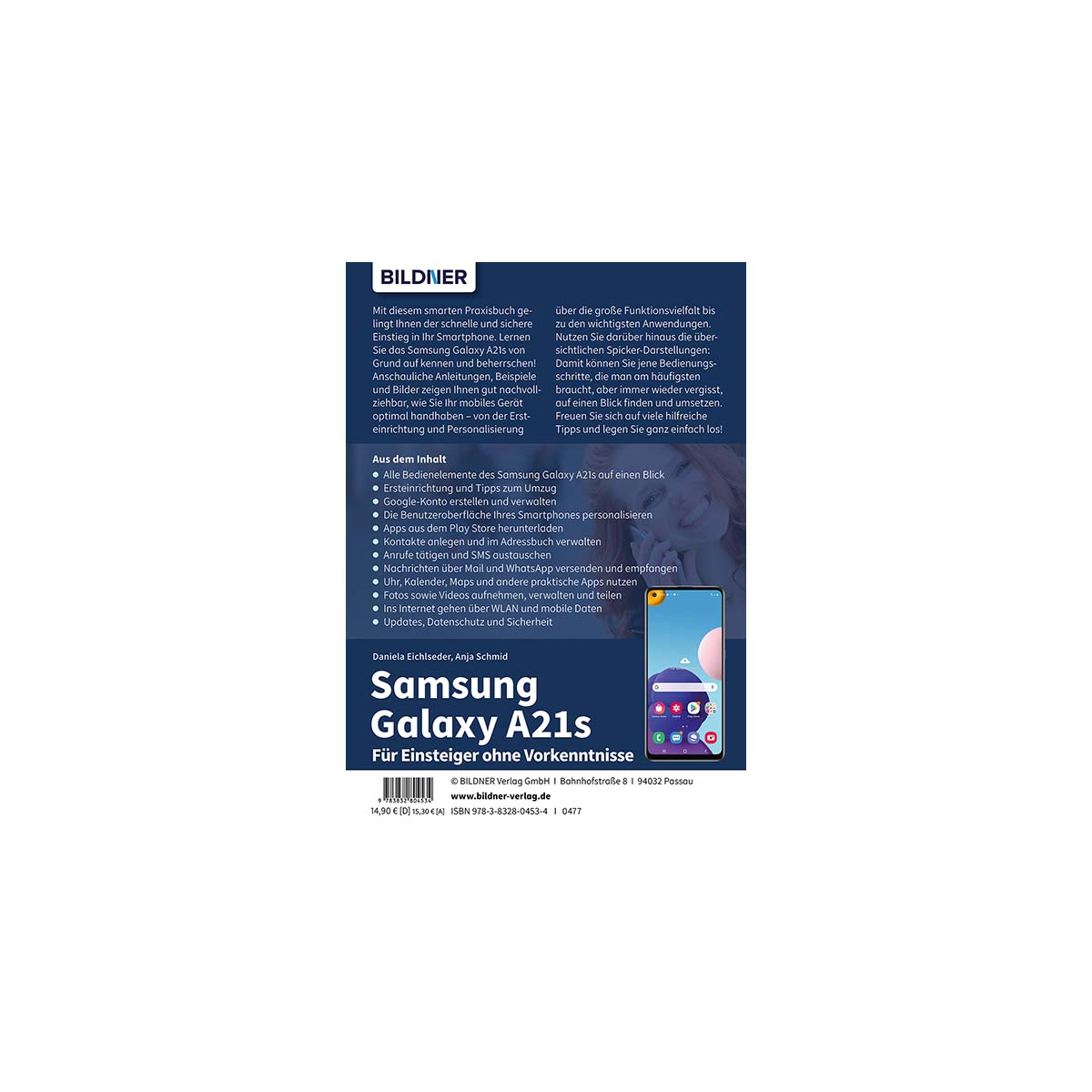 Buchcover mit Samsung Galaxy A21s Text und Smartphone-Illustration.