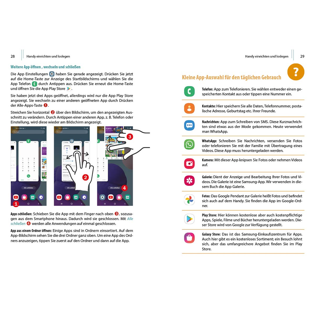 Eine Seite eines Handbuchs, die zeigt, wie man Apps auf einem Smartphone öffnet, schließt und verwendet.
