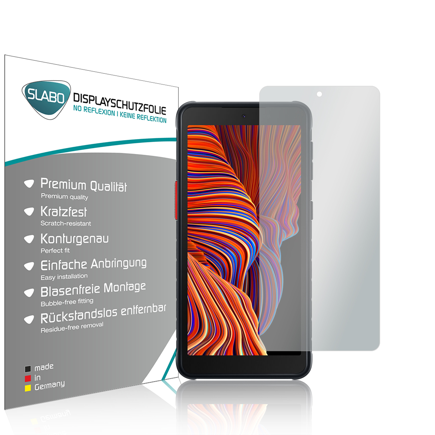 Ein Displayschutzfolien-Kit, mit einem Telefon und einer Verpackung mit Produktinformationen und Anweisungen.