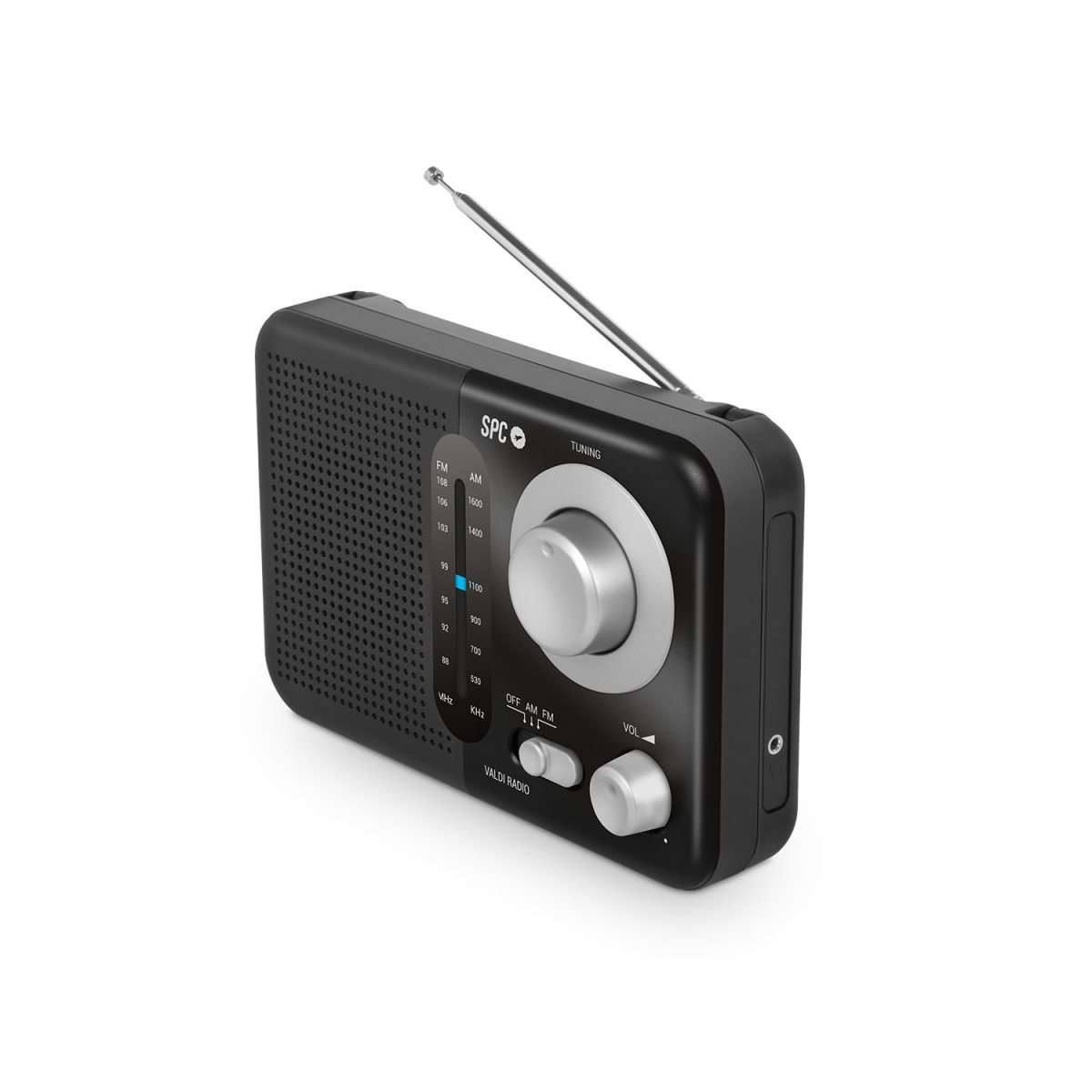 Radio SPC negro con perillas y antena extendida.
